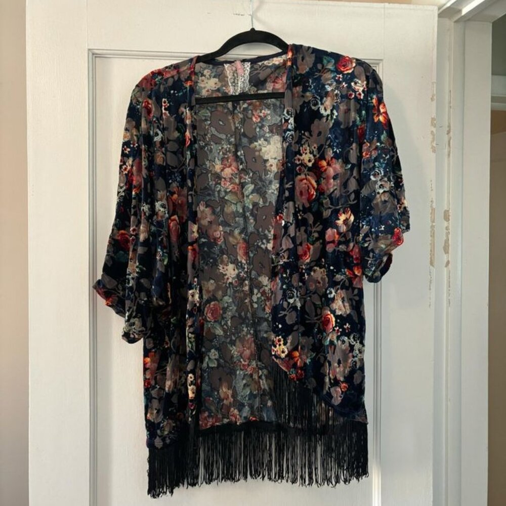 Boho Bohemian Vintage 90s Floral Unique Velvet Burn Out Kimono Top with Fringe
